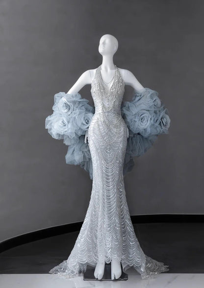 Gorgeous Silver V-neck Mermaid Beaded Sequin Long Prom Dresses Train Wedding Dress RF0660