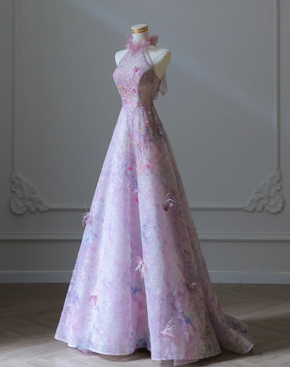 Robe de soirée longue trapèze en dentelle violette et perles, col roulé, style conte de fées, RF0661