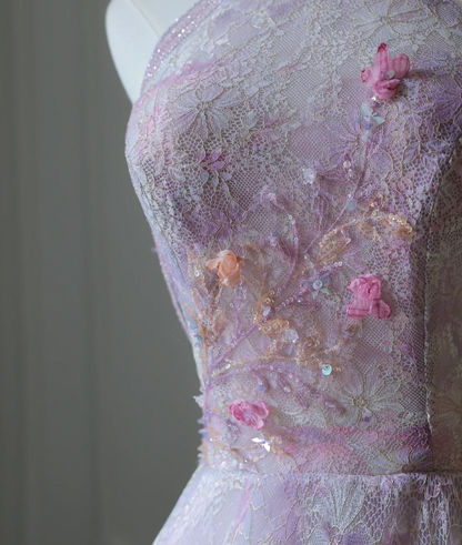Robe de soirée longue trapèze en dentelle violette et perles, col roulé, style conte de fées, RF0661