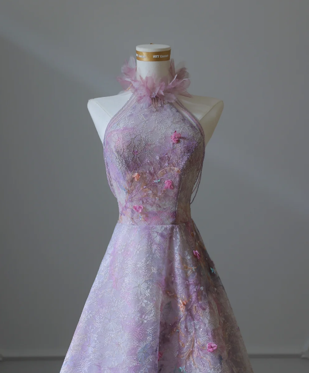 Robe de soirée longue trapèze en dentelle violette et perles, col roulé, style conte de fées, RF0661