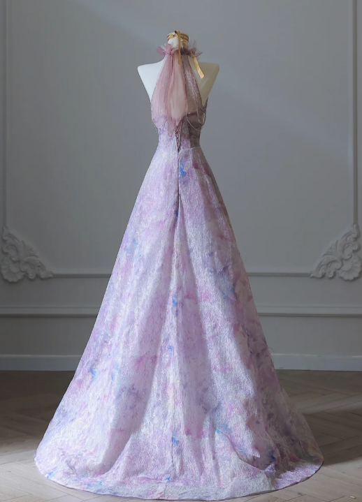 Robe de soirée longue trapèze en dentelle violette et perles, col roulé, style conte de fées, RF0661