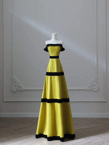 Sweet Lemon Yellow Off-the-shoulder Satin A-Line Long Prom Dresses Formal Evening Gowns RF0663