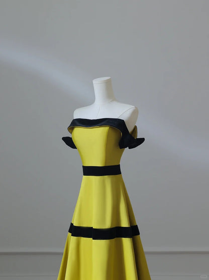 Sweet Lemon Yellow Off-the-shoulder Satin A-Line Long Prom Dresses Formal Evening Gowns RF0663