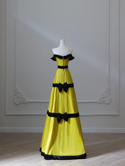 Sweet Lemon Yellow Off-the-shoulder Satin A-Line Long Prom Dresses Formal Evening Gowns RF0663