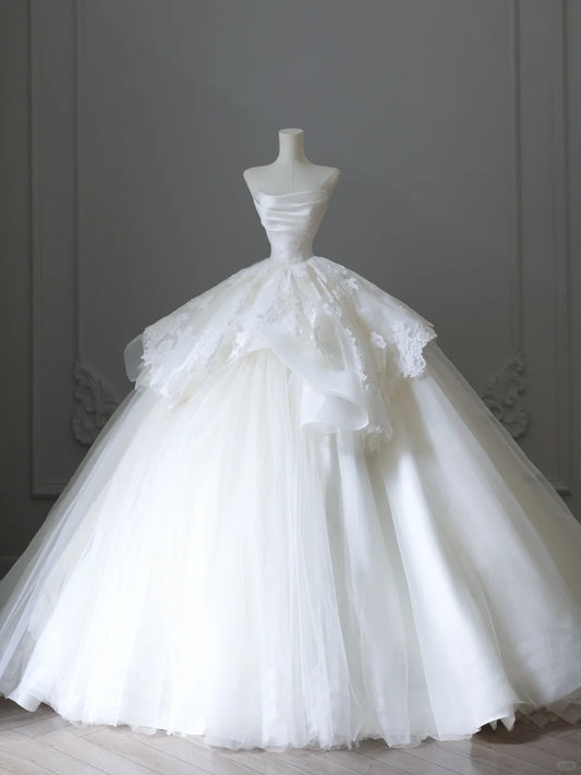 Beautiful White Strapless A-Line Tulle Lace Long Wedding Dresses RF0664