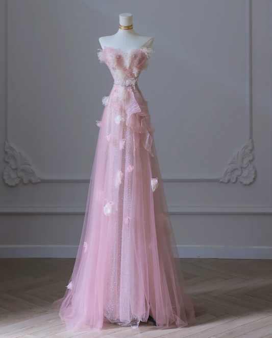 Sweet Pink Strapless A-Line Tulle Appliques Long Prom Dresses Formal Evening Gowns RF0665