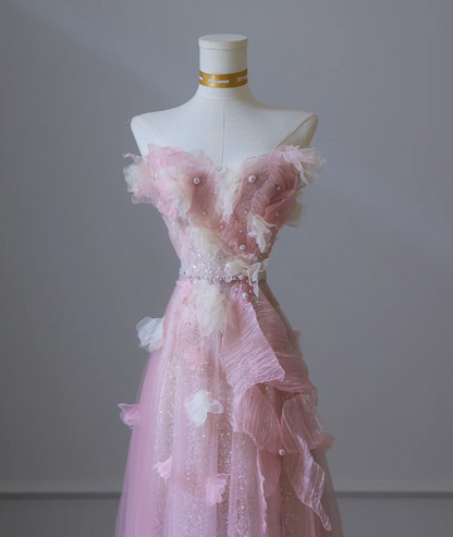 Sweet Pink Strapless A-Line Tulle Appliques Long Prom Dresses Formal Evening Gowns RF0665