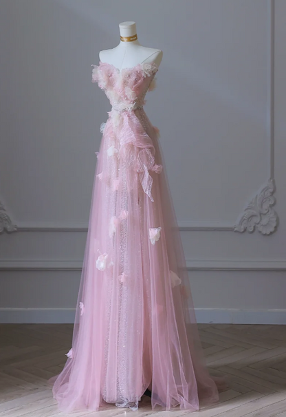 Sweet Pink Strapless A-Line Tulle Appliques Long Prom Dresses Formal Evening Gowns RF0665