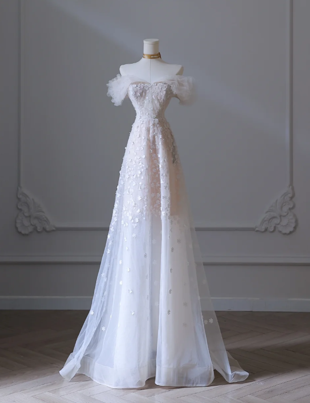 Elegant White Off Shoulder A-Line Tulle Appliques Long Wedding Dresses Formal Evening Gowns RF0666