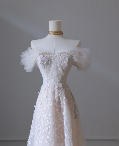 Elegant White Off Shoulder A-Line Tulle Appliques Long Wedding Dresses Formal Evening Gowns RF0666