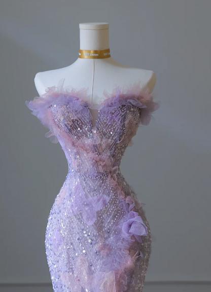 Stunning Purple Strapless Mermaid Sequined Tulle Appliques Long Prom Dresses Formal Evening Gowns RF0667