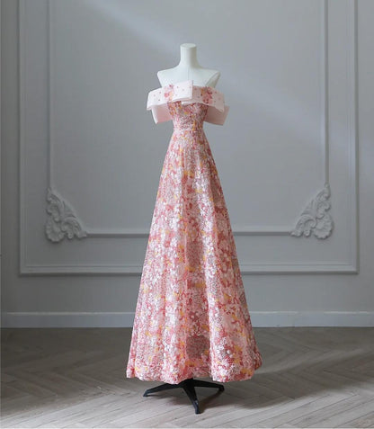 Robe de soirée longue rose bustier en tulle et sequins, coupe trapèze, RF0668