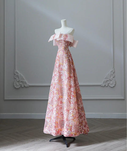 Robe de soirée longue rose bustier en tulle et sequins, coupe trapèze, RF0668