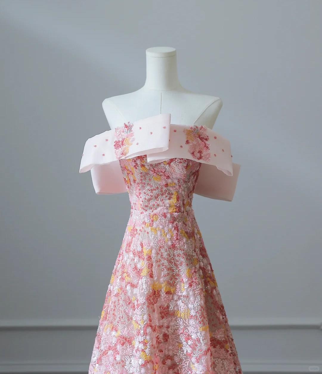 Robe de soirée longue rose bustier en tulle et sequins, coupe trapèze, RF0668