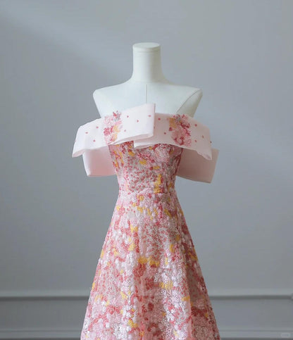 Robe de soirée longue rose bustier en tulle et sequins, coupe trapèze, RF0668