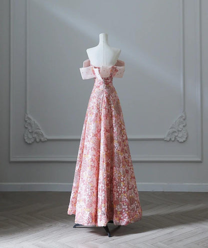 Robe de soirée longue rose bustier en tulle et sequins, coupe trapèze, RF0668