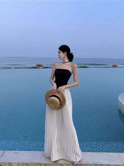 Robe longue d'été noire sans bretelles style Hepburn élégante RF0669