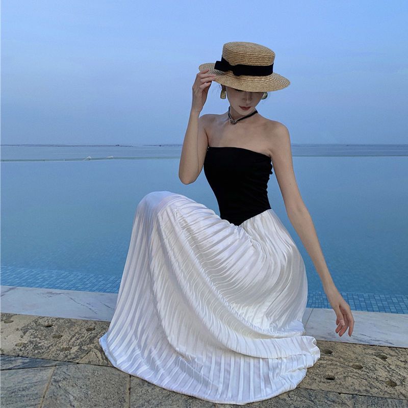 Robe longue d'été noire sans bretelles style Hepburn élégante RF0669