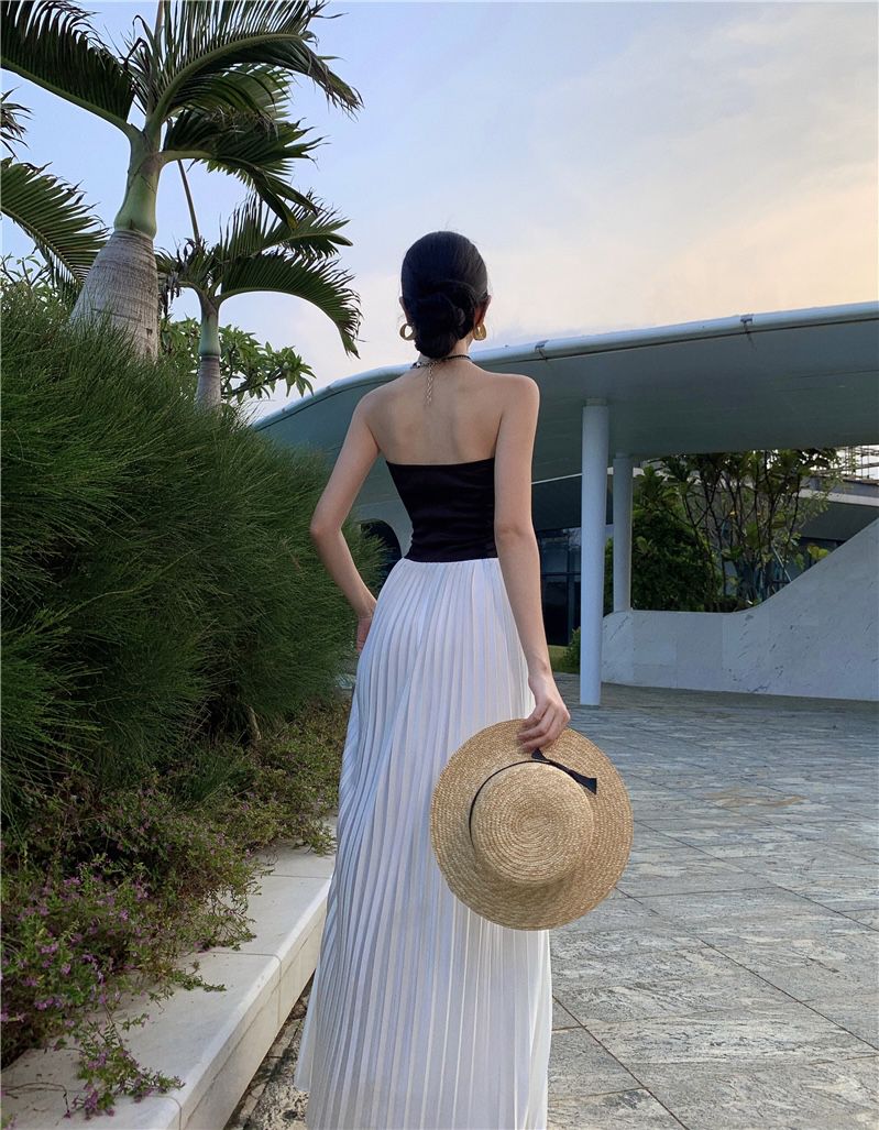 Robe longue d'été noire sans bretelles style Hepburn élégante RF0669