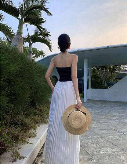 Robe longue d'été noire sans bretelles style Hepburn élégante RF0669