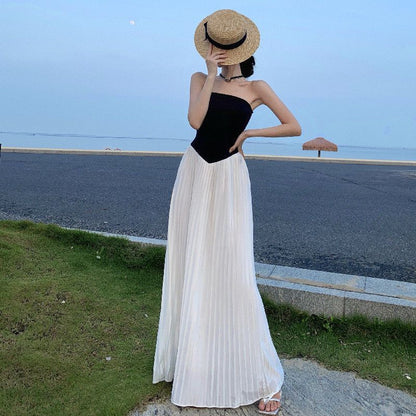 Robe longue d'été noire sans bretelles style Hepburn élégante RF0669