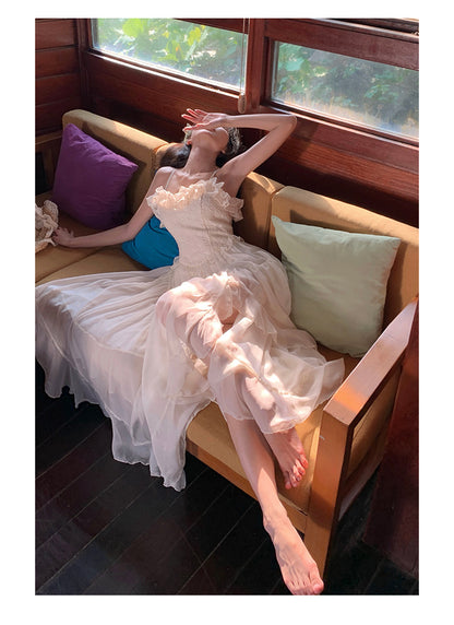 French Elegant Straps White Summer Maxi Dress RF0670