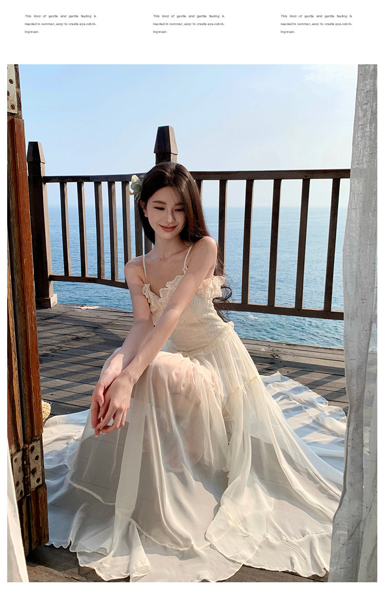 French Elegant Straps White Summer Maxi Dress RF0670
