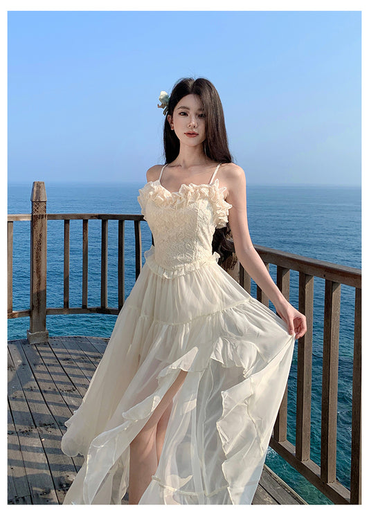 French Elegant Straps White Summer Maxi Dress RF0670