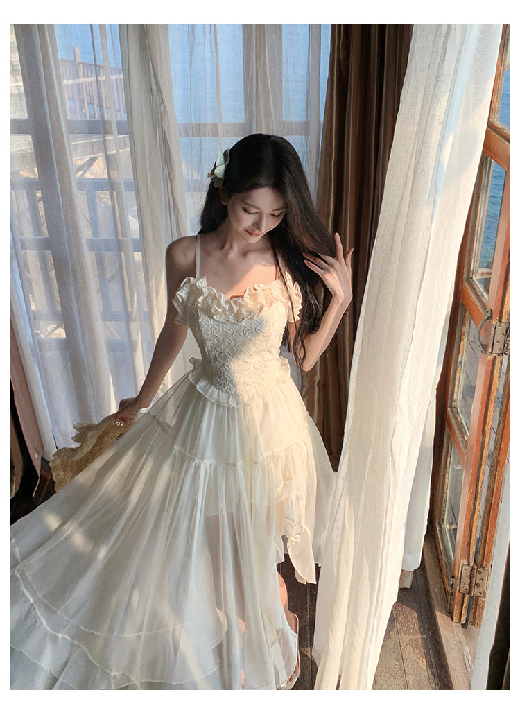 French Elegant Straps White Summer Maxi Dress RF0670