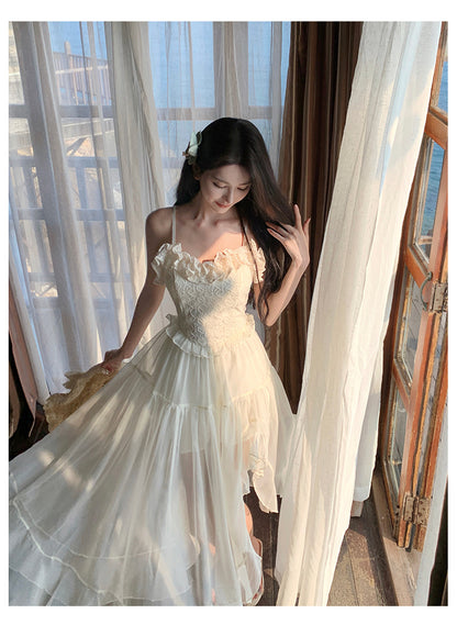 French Elegant Straps White Summer Maxi Dress RF0670