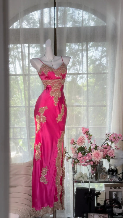 Robe de soirée longue en satin rose vif, élégante, à bretelles spaghetti, fourreau, en dentelle, RF0671