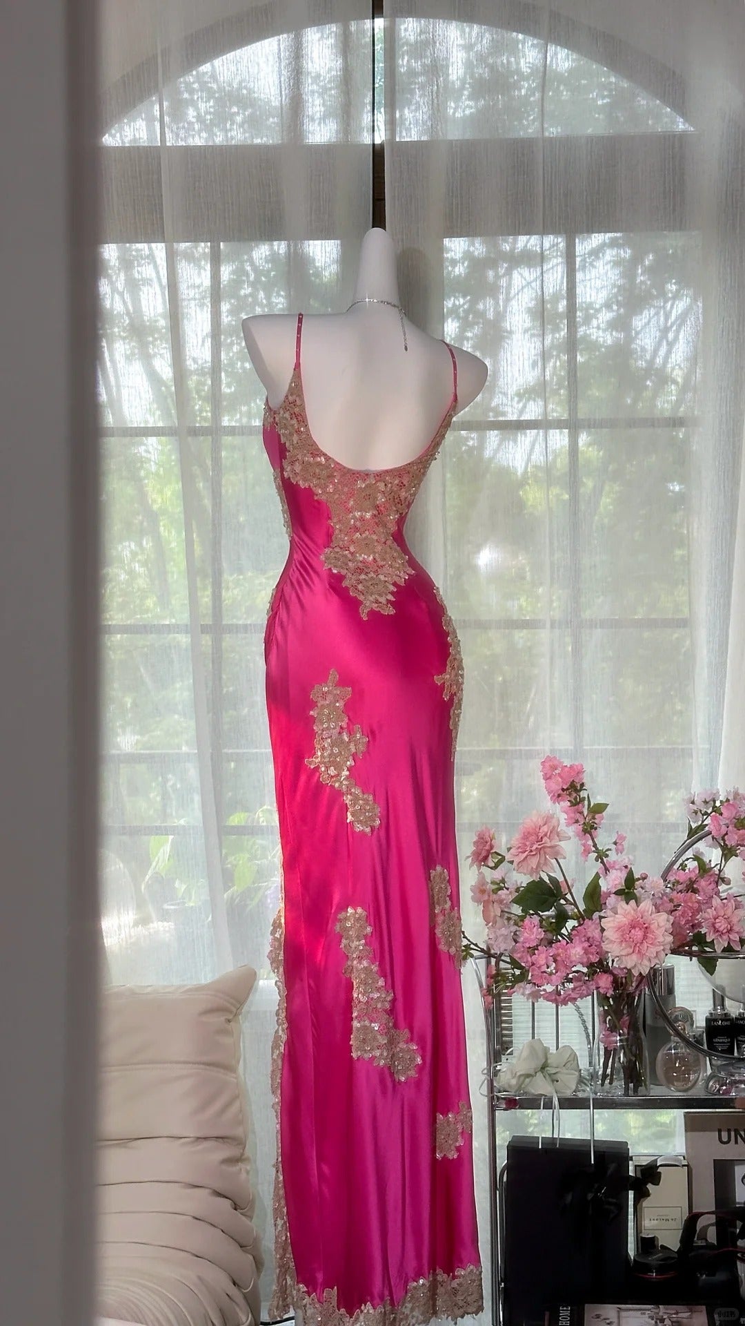 Robe de soirée longue en satin rose vif, élégante, à bretelles spaghetti, fourreau, en dentelle, RF0671