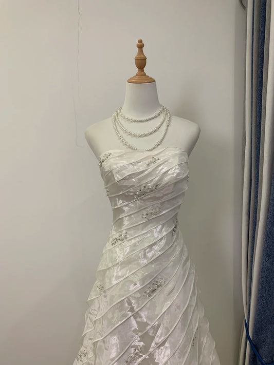 Stunning White Strapless A-Line Tulle Wedding Dresses RF0672