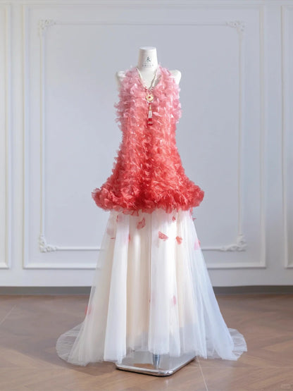 Gorgeous Pink V-neck A-Line Tulle Long Porm Dresses Sweet Evening Gowns RF0673
