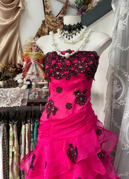 Sweet Pink Strapless Tulle A-Line Applique Long Prom Dresses Formal Evening Gowns RF0675