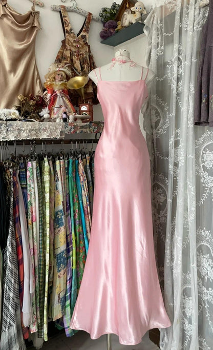 Robe sirène longue en satin rose à bretelles, tenue de soirée d'anniversaire, RF0677
