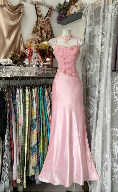 Robe sirène longue en satin rose à bretelles, tenue de soirée d'anniversaire, RF0677