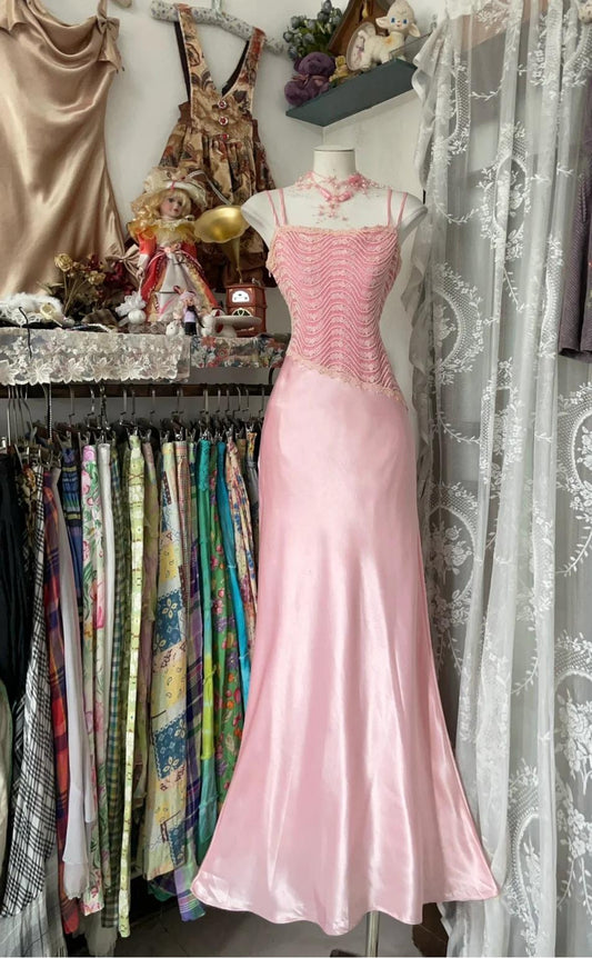 Robe sirène longue en satin rose à bretelles, tenue de soirée d'anniversaire, RF0677
