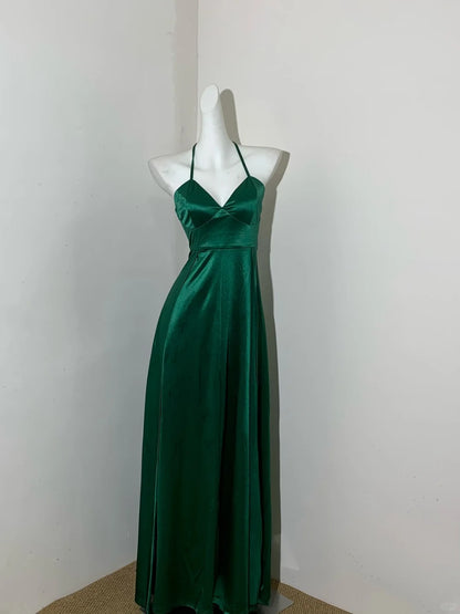 Robe de soirée longue en satin vert élégant, col licou, coupe trapèze, RF0678