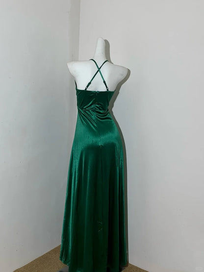 Robe de soirée longue en satin vert élégant, col licou, coupe trapèze, RF0678