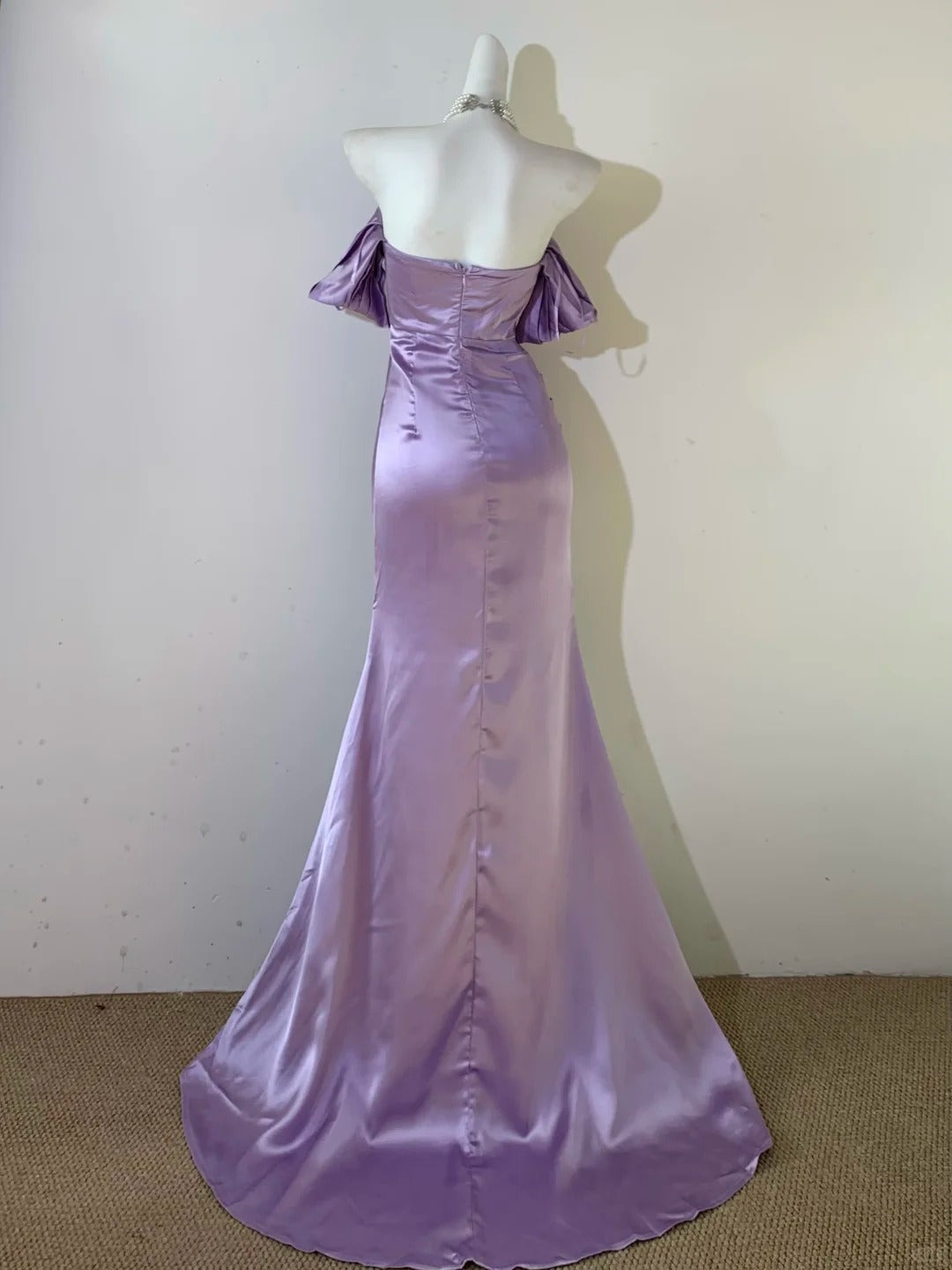 Robe de soirée longue en satin violet, élégante, épaules dénudées, style sirène, RF0683