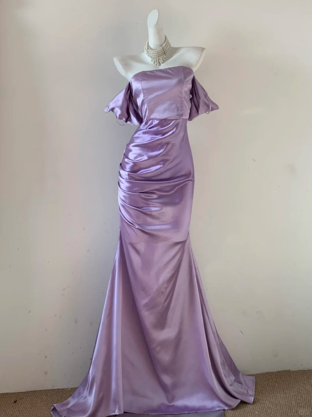 Robe de soirée longue en satin violet, élégante, épaules dénudées, style sirène, RF0683