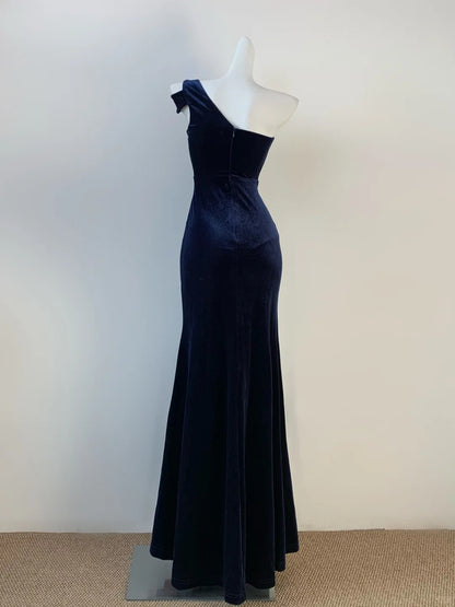 Robe de soirée élégante bleu marine asymétrique en velours style sirène, longue, RF0688