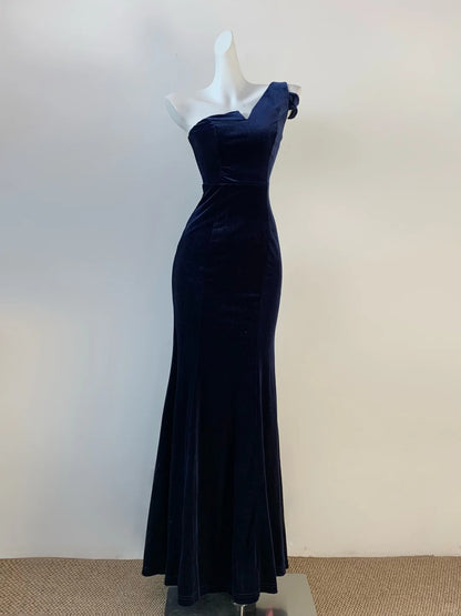 Robe de soirée élégante bleu marine asymétrique en velours style sirène, longue, RF0688