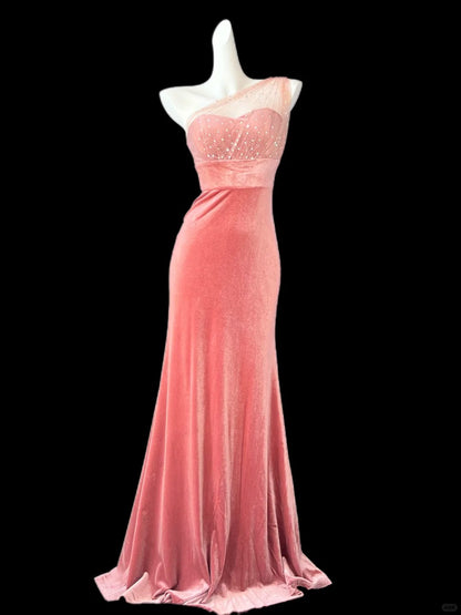Elegante Pfirsich One-Shoulder Mermaid Samt Lange Ballkleider Formale Abendkleider RF0692