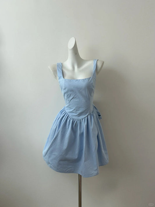 Simple Light Blue Square Neck A-Line Satin Short Evening Gowns Homecoming Dresses RF0704