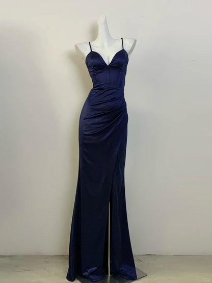 Stunning Navy V-neck Mermaid Satin Formal Evening Gowns Prom Dresses RF0705