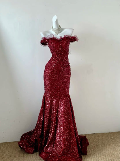 Superbe robe de soirée sirène bordeaux à épaules dénudées et sequins, robe de bal RF0706