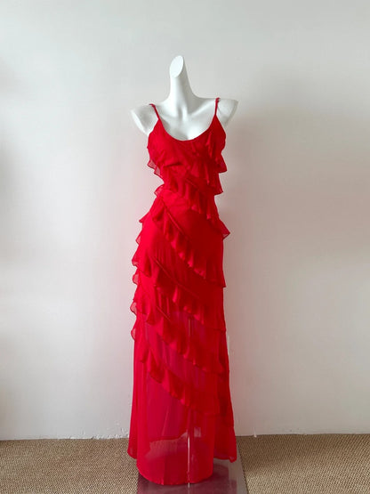 Sweet Red U Neck Sheath Chiffon Ruffle Birthday Evening Dress Gowns Prom Dresses RF0708