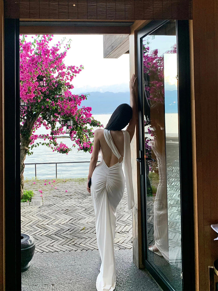 Elegant White One Shoulder Bodycon Satin Dress RF0709